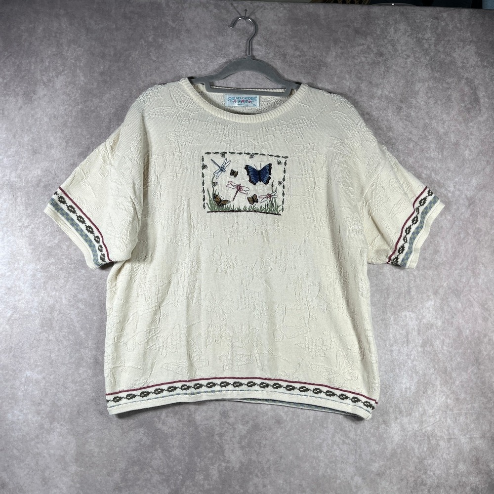 Vintage Chelsea Gardens Sweater Women XL Ivory Knit Short Sleeve Cottagecore Art